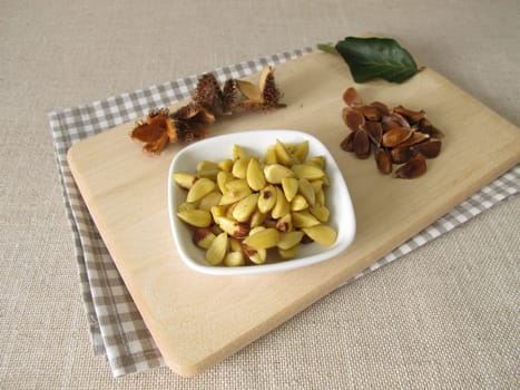 Shelled and cooked beechnuts in a small bowl
