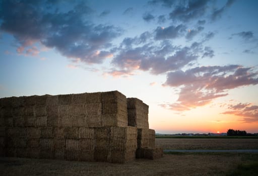 Hale bales piled up in a farmland in the countryside, blue sky, copy space