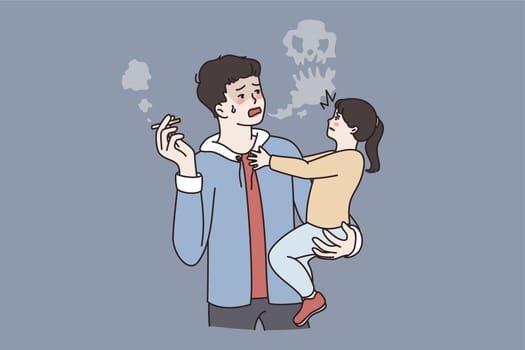 Bad lifestyle of parents concept. Young father man standing smoking cigarette and holding his small stressed daughter on hands vector illustration