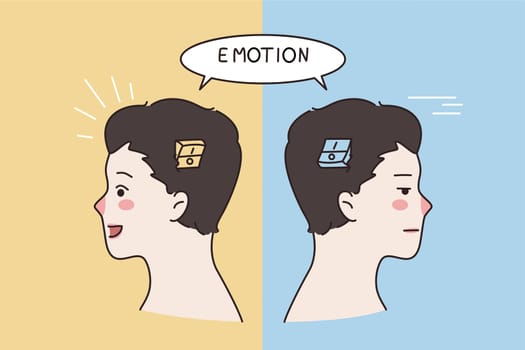 Emotional intelligence and emotions concept. Human head silhouette with emotion on or off inside with various face expressions vector illustration