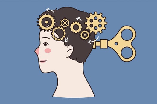 Intellectual manipulation and mental health concept. Human head with brain is replaced by system of gears driven by key and scissors vector illustration