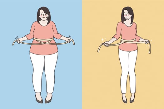Slimming and loosing weight concept. Young sad fat woman and happy slim girl standing using waist ruler amount for measuring body vector illustration