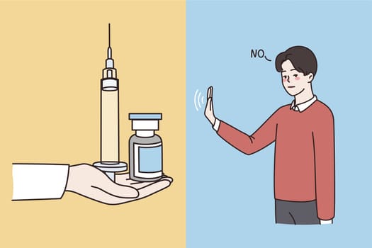 Refusal from drugs and narcotic concept. Young male standing saying no making refusal sigh from syringe and jar with narcotic or medical treatment vector illustration