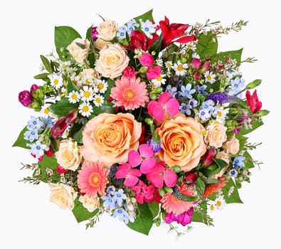 Colorful bouquet seen from above with many different varieties such as gerbera, chamomile, freesia and others.