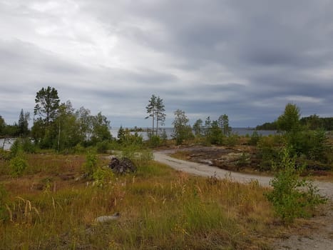 Overcast summer northern landscape under gray cloudy August sky before the pouring rain. Dirt road on the rocky lakeshore among trees and grass. Lake Onega, Republic of Karelia.