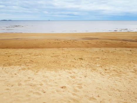 Deserted wet sandy beach on the coast of the lake in cloudy rainy weather. Summer wild seascape background with copy space. Lake Onega, Russia.