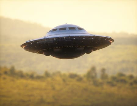 3D illustration of an UFO, unidentified flying object, gravitating over the forest and mountain ranges.