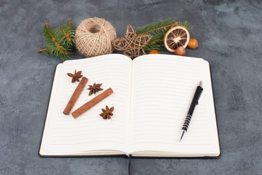 Empty notebook with christmas decoration, branch of fir, nuts, stars and spice