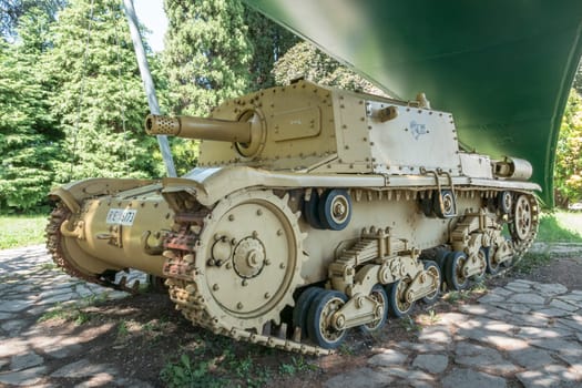 Italian self-propelled gun Semovente da 75-18 (Manufacturer FIAT-Ansaldo) of the Second World War times. Park of the "Rocca"". Bergamo, ITALY - August 19, 2020"