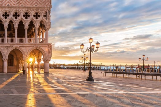Doge's Palace and gondolas pier near Piazza San Marco, Venice, Italy.