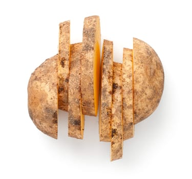 Sliced fresh potato isolated over white background. View from above
