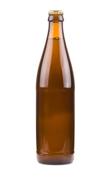 Generic brown beer bottle, sealed and filled with beer isolated on white background