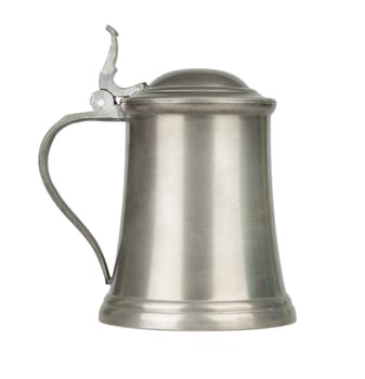 Metallic beer mug with beer isolated on white