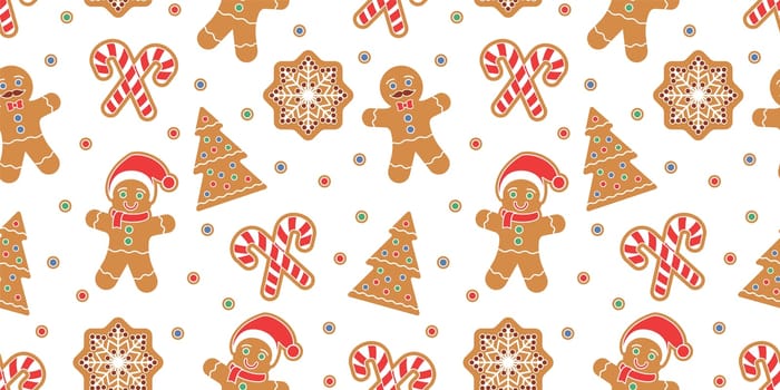 Christmas seamless pattern with gingerbread man cookies. Snow flake, Christmas Tree, candy cane. Graphic design element for packaging paper, prints, scrapbooking. Vector illustration