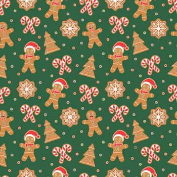 Christmas seamless pattern with gingerbread man cookies. Snow flake, Christmas Tree, candy cane. Graphic design element for packaging paper, prints, scrapbooking. Vector illustration