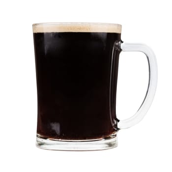 Glass mug filled with dark stout beer