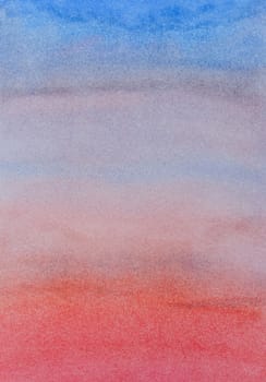 Abstract watercolor background. Smooth blue and red sky. Hand drawn on paper with texture illustration