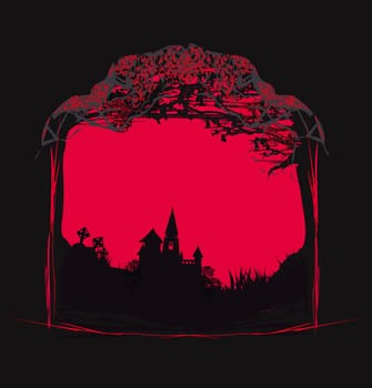 Halloween night frame with scary haunted castle