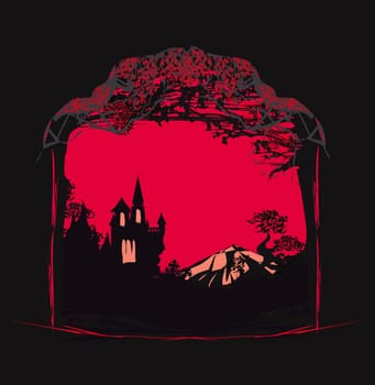 Halloween night frame with scary haunted castle