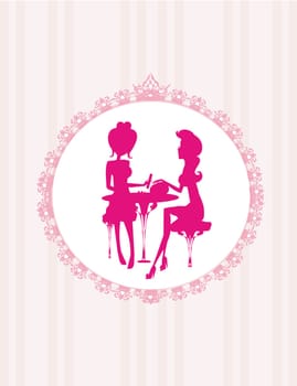 manicure in beauty salon, pink decorative card