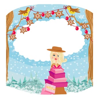 Winter girl with gift box, holiday sale card