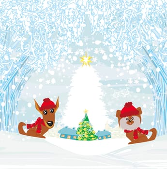 Christmas And New Year Design Card With cute dogs on a winter walk