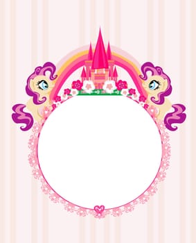 Cute unicorns and fairy-tale princess castle frame