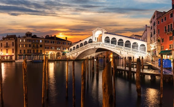 The Rialto bridge panorama at sunset, Venice, Italy.