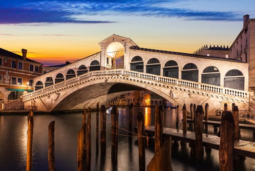 The Rialto bridge in Venice, night view.