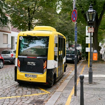 Self-driving autonomous bus as a project of BVG (Berliner Verkehrsbetriebe) in the test phase in the Berlin district of Tegel