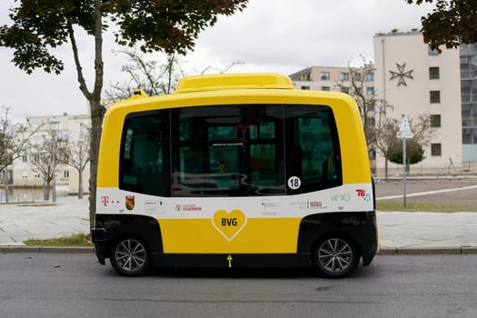Self-driving autonomous bus as a project of BVG (Berliner Verkehrsbetriebe) in the test phase in the Berlin district of Tegel