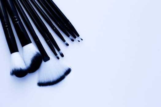 Black brushes with white and black pile for makeup of different sizes lie on a white background on the side. top view, flat lay, copy space, isolate. High quality photo