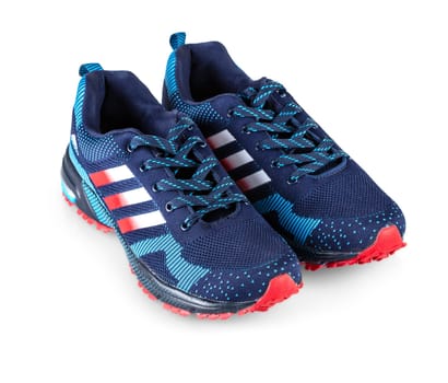 Kamchatka, Russia - September 22, 2021: Blue Adidas Running Sneakers. Adidas, Germany company. Isolated on white.