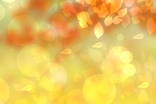 Hello autumn background. Abstract autumn gradient gold yellow orange bright background texture with leaves and bokeh circles. Indian summer. Card design with space text. Beautiful backdrop.