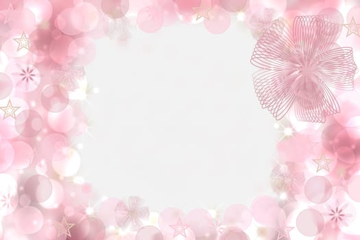 Abstract festive blur bright pink pastel background texture with a frame and a ribbon bow, stars and bokeh defocused bokeh lights. Birth, birthday, festival, valentine or other holidays backdrop. Card concept.