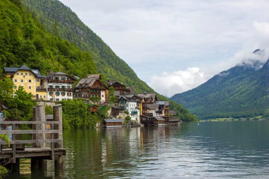 view of famous Hallstatt mountain village with Hallstatter lake See