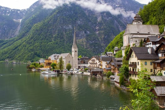 view of famous Hallstatt mountain village with Hallstatter lake See