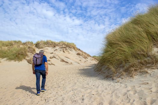 Man with backpack hiking in the beautiful dune in Haamstede, Zeeland in the Netherlands