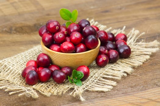 Cranberries in a bowl on wooden background.