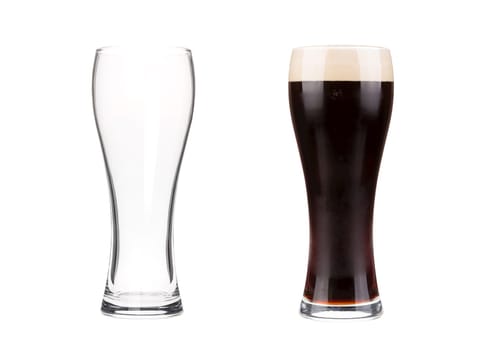 Two beer glasses isolated on white background. Mug filled with draft beer with bubbles and foam and an empty mug. Graphic design element for brewery ad, beer garden poster, flyers, printables.
