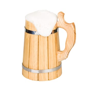 Wooden beer mug with beer and foam isolated on white background