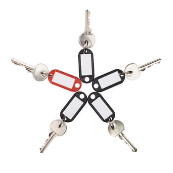 Key with tags isolated on white in a form of star. Concept of extraordinary solution.