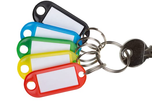 One key with five colorful tags isolated on white