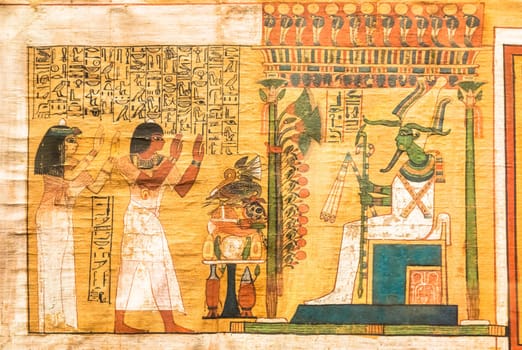 TURIN, ITALY - CIRCA MAY 2021: ancient Egyptian papyrus with hieroglyphic funerary text. Circa 1550 BC antique manuscript.