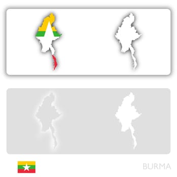 Burma map with flag and shadow on white and grey background