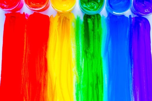 Colorful lines drawn from the paint cans down in the form of a rainbow on a white background. top view, flat lay, copy space, isolate. High quality photo