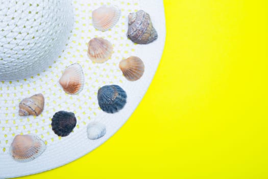On a white sun hat with a wide brim there are shells of various shapes and sizes on a yellow background with a place for text. High quality photo