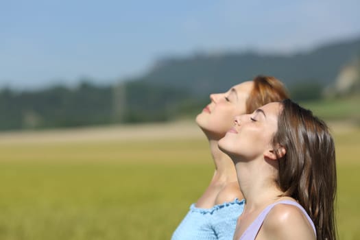 Side view portrait of two women breathing fresh air in a wheat field