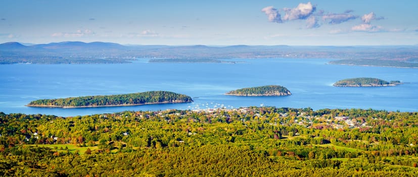 Beautiful view to Bar Harbor and nearby islands from Cadillac Mountain in Acadia National Park