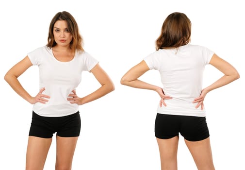 Sexy young woman with shorts wearing a blank white shirt, front and back..